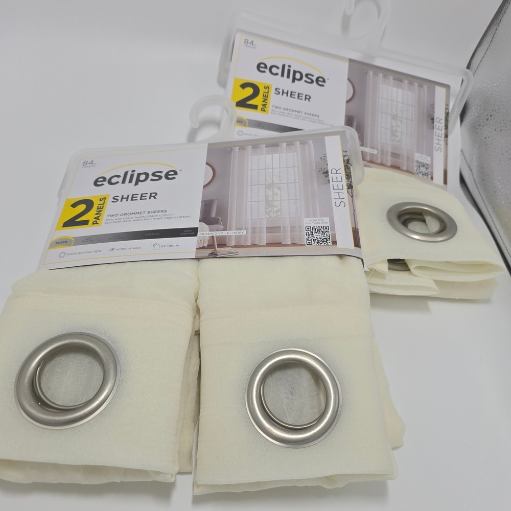 Eclipse 4 Sheer Curtain Panels 84x40 inch Crushed Voile Ivory Silver Grommets